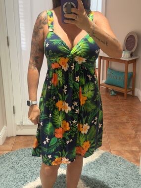 Tropical Floral Navy Sundress with Green & Orange Leaves
